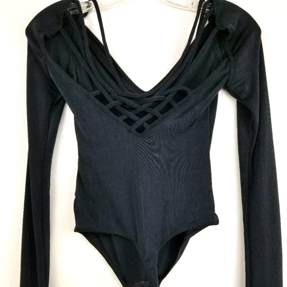 Free People Bodysuit Don't Be Cross Black V-neck Long Sleeve Size XS New